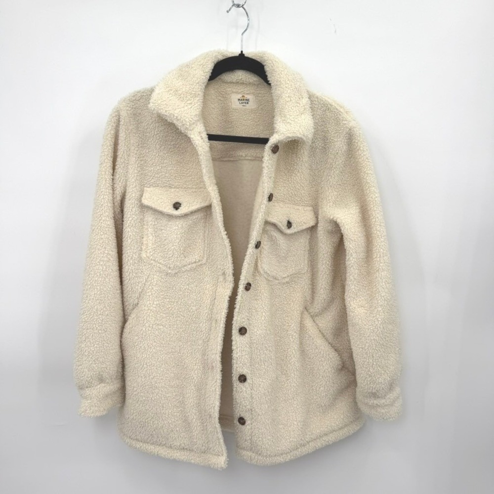 Marine Layer Sherpa Fleece Shirt Jacket Women S Cream Teddy Gorpcore Cabin Cozy